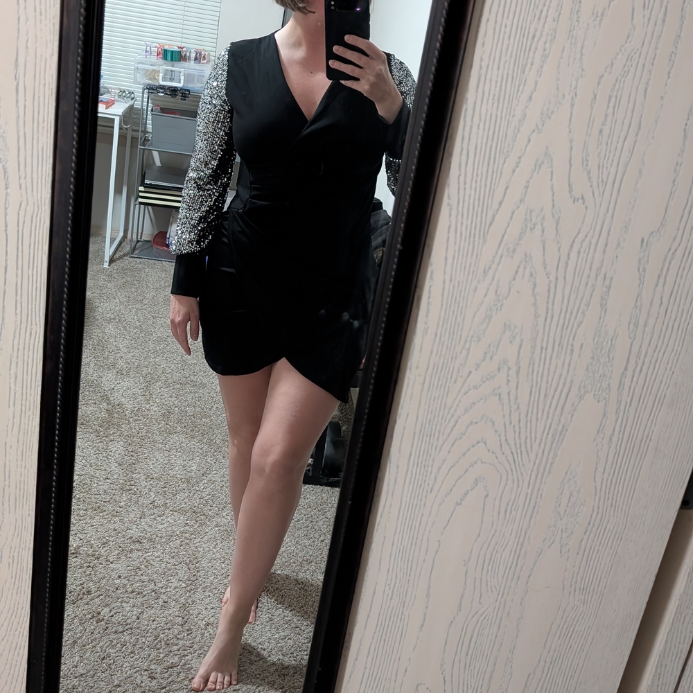 FLARE from Italy Black Sequin Ruched Cocktail Dress